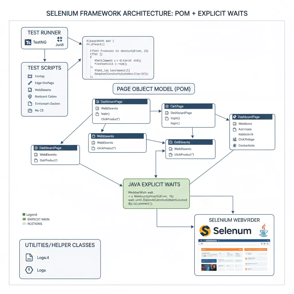 Architectural diagram of a Selenium framework with Page Object Model and Java Selenium Explicit Waits.